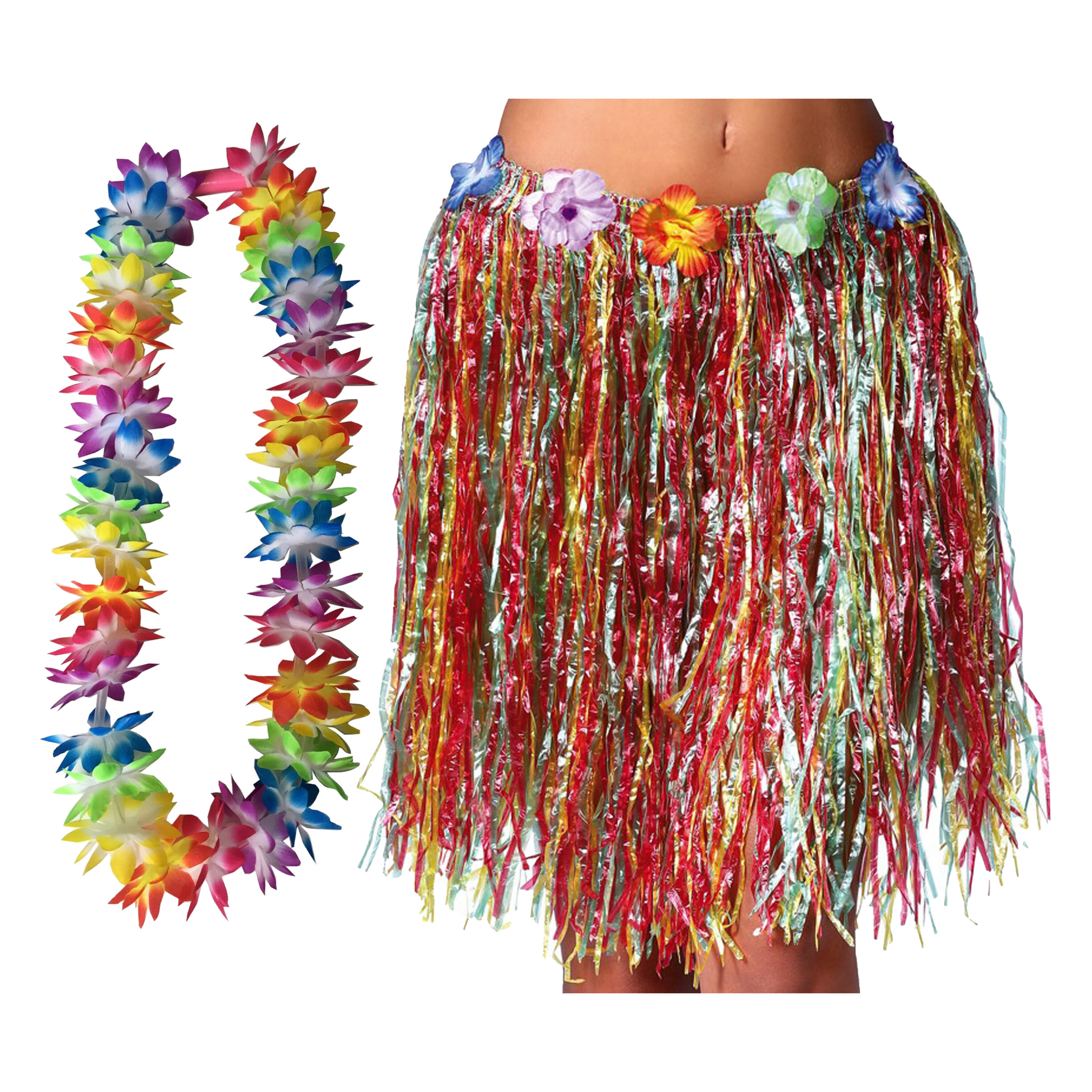 Toppers - Hawaii verkleed hoela rokje en bloemenkrans met led - volwassenen - multi - tropisch themafeest Top Merken Winkel